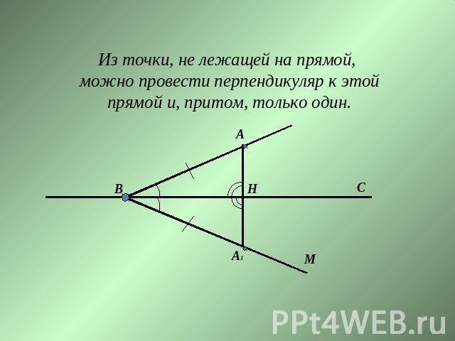Из точки, не лежащей на прямой, можно провести перпендикуляр к этой прямой и, притом, только один.
