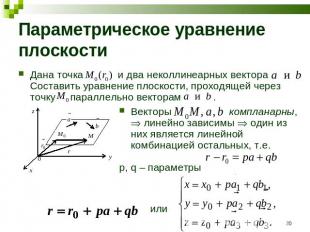 Параметрическое уравнение плоскости Дана точка и два неколлинеарных вектора Сост