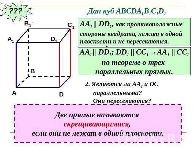 Дан куб АВСDA1B1C1D1 АА1 || DD1, как противоположныестороны квадрата, лежат в однойплоскости и не пересекаются.АА1 || DD1; DD1 || CC1 →AA1 || CC1по теореме о трех параллельных прямых.2. Являются ли АА1 и DC параллельными? Они пересекаются?Две прямые…