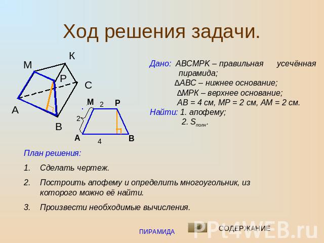 Ход решения задачи. Дано: ABCMPK – правильная усечённая пирамида; ∆АВС – нижнее основание; ∆МРК – верхнее основание; АВ = 4 см, МР = 2 см, АМ = 2 см.Найти: 1. апофему; 2. Sполн.План решения:Сделать чертеж.Построить апофему и определить многоугольник…
