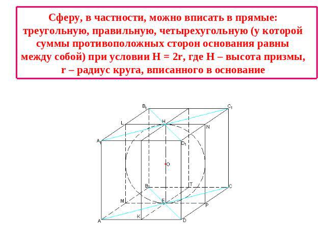 Сферу, в частности, можно вписать в прямые: треугольную, правильную, четырехугольную (у которой суммы противоположных сторон основания равны между собой) при условии Н = 2r, где Н – высота призмы, r – радиус круга, вписанного в основание