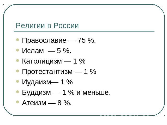 Религии в России Православие — 75 %.Ислам  — 5 %.Католицизм — 1 % Протестантизм — 1 % Иудаизм— 1 % Буддизм — 1 % и меньше.Атеизм — 8 %.