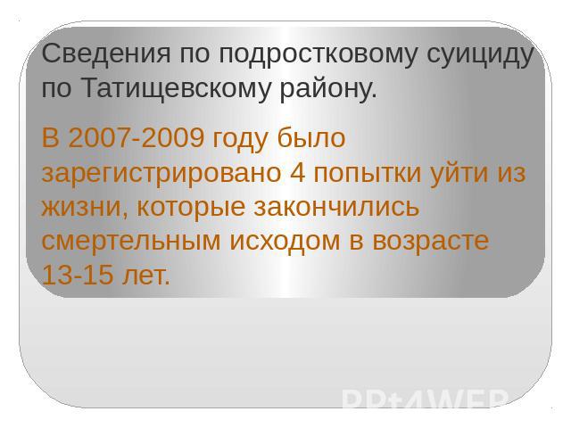 Сведения по подростковому суициду по Татищевскому району. В 2007-2009 году было зарегистрировано 4 попытки уйти из жизни, которые закончились смертельным исходом в возрасте 13-15 лет.