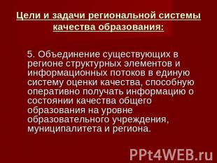 Цели и задачи региональной системы качества образования: 5. Объединение существу