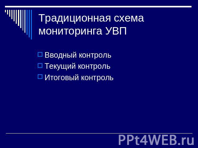 Традиционная схема мониторинга УВП Вводный контрольТекущий контрольИтоговый контроль