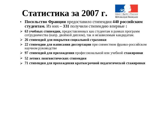 Статистика за 2007 г. Посольство Франции предоставило стипендии 440 российским студентам. Из них – 331 получили стипендию впервые :63 учебных стипендии, предоставленных как студентам в рамках программ сотрудничества (напр. двойной диплом), так и нез…