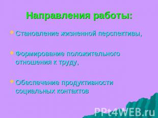 Направления работы: Становление жизненной перспективы,Формирование положительног