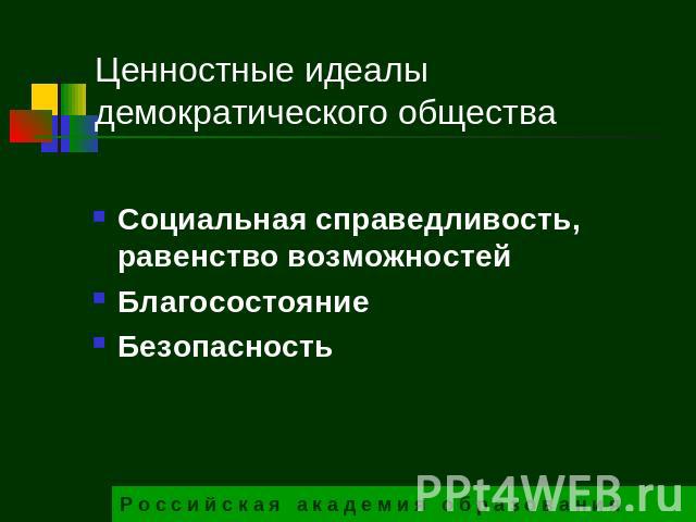 Ценностные идеалы демократического общества Социальная справедливость, равенство возможностейБлагосостояниеБезопасность