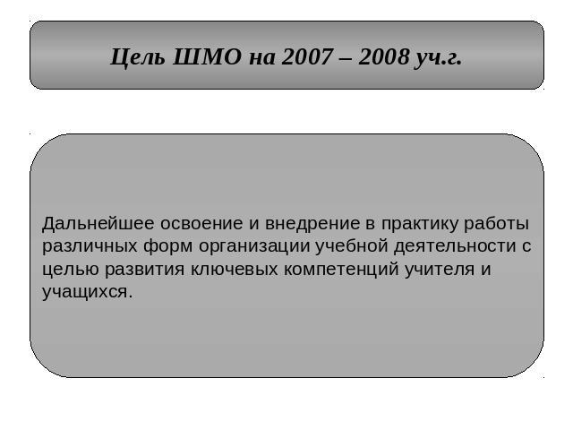 Цель ШМО на 2007 – 2008 уч.г. Дальнейшее освоение и внедрение в практику работыразличных форм организации учебной деятельности сцелью развития ключевых компетенций учителя и учащихся.