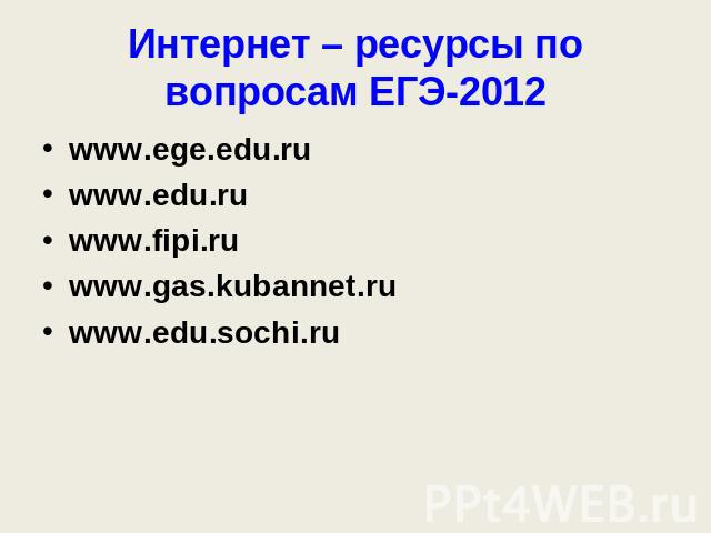 Интернет – ресурсы по вопросам ЕГЭ-2012 www.ege.edu.ruwww.edu.ruwww.fipi.ruwww.gas.kubannet.ruwww.edu.sochi.ru