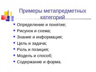 Примеры метапредметных категорий Определение и понятие;Рисунок и схема;Знание и