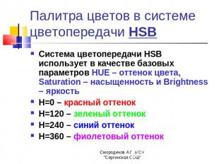 Палитра цветов в системе цветопередачи HSB Система цветопередачи HSB использует