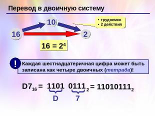 Перевод в двоичную систему Каждая шестнадцатеричная цифра может быть записана ка