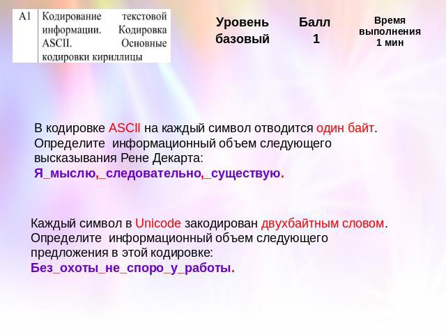 В кодировке ASCII на каждый символ отводится один байт. Определите информационный объем следующего высказывания Рене Декарта:Я_мыслю,_следовательно,_существую.Каждый символ в Unicode закодирован двухбайтным словом. Определите информационный объем сл…