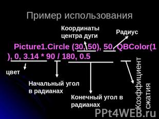 Пример использования Координаты центра дугиРадиус Picture1.Circle (30, 50), 50,