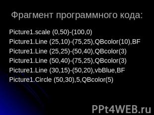 Фрагмент программного кода: Picture1.scale (0,50)-(100,0)Picture1.Line (25,10)-(