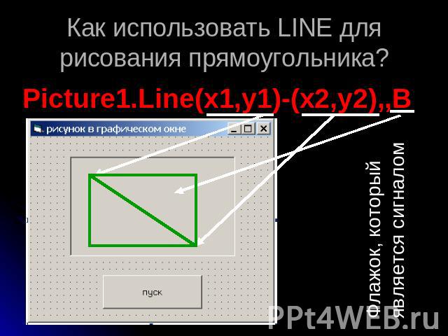 Как использовать LINE для рисования прямоугольника? Picture1.Line(x1,y1)-(x2,y2),,BФлажок, который является сигналом