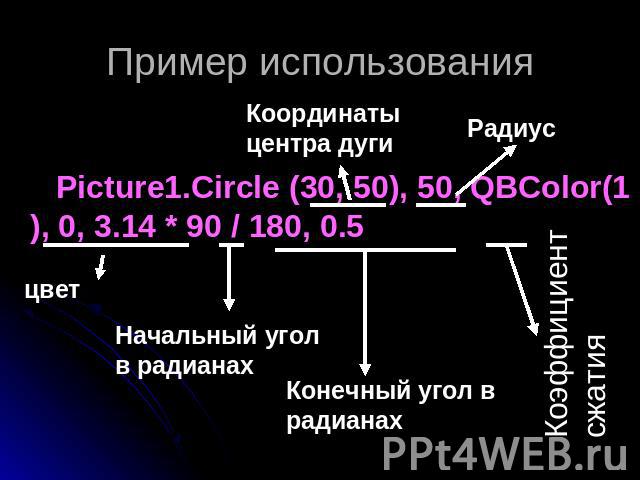 Пример использования Координаты центра дугиРадиус Picture1.Circle (30, 50), 50, QBColor(1), 0, 3.14 * 90 / 180, 0.5Начальный угол в радианах Конечный угол в радианах Коэффициент сжатия