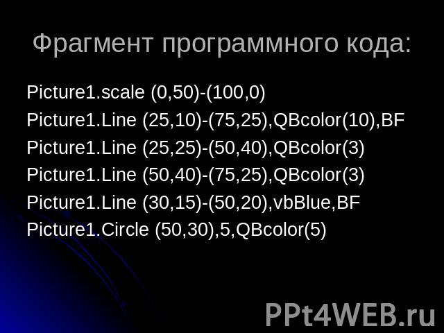 Фрагмент программного кода: Picture1.scale (0,50)-(100,0)Picture1.Line (25,10)-(75,25),QBcolor(10),BFPicture1.Line (25,25)-(50,40),QBcolor(3)Picture1.Line (50,40)-(75,25),QBcolor(3)Picture1.Line (30,15)-(50,20),vbBlue,BFPicture1.Circle (50,30),5,QBc…
