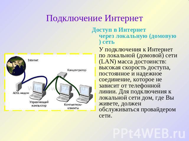 Подключение Интернет Доступ в Интернет через локальную (домовую) сеть У подключения к Интернет по локальной (домовой) сети (LAN) масса достоинств: высокая скорость доступа, постоянное и надежное соединение, которое не зависит от телефонной линии. Дл…