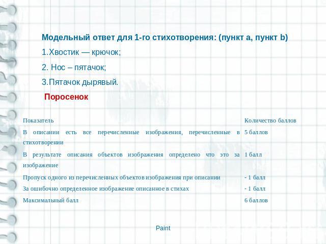 Модельный ответ для 1-го стихотворения: (пункт а, пункт b) Хвостик — крючок; Нос – пятачок; Пятачок дырявый. Поросенок