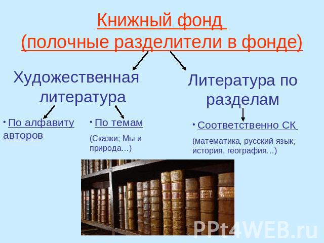 Книжный фонд (полочные разделители в фонде) Художественная литература По алфавиту авторов По темам(Сказки; Мы и природа…)Литература по разделам Соответственно СК (математика, русский язык, история, география…)