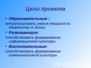 Цели проекта Образовательные :актуализировать знания учащихся по творчеству А. Б