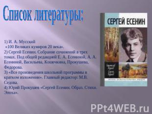 Список литературы: 1) И. А. Мусский «100 Великих кумиров 20 века».2) Сергей Есен