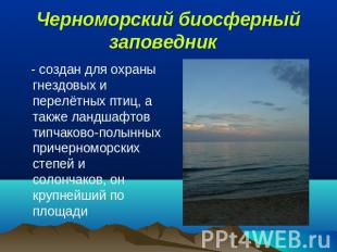 Черноморский биосферный заповедник  - создан для охраны гнездовых и перелётных п