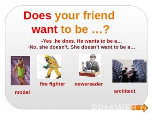 Does your friend want to be …? -Yes ,he does. He wants to be a… -No, she doesn’t