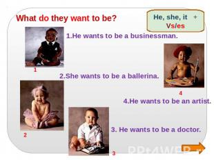 What do they want to be? 1.He wants to be a businessman. 2.She wants to be a bal