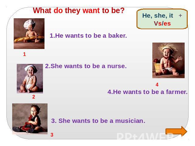 What do they want to be? 1.He wants to be a baker. 2.She wants to be a nurse. 3. She wants to be a musician. 4.He wants to be a farmer.