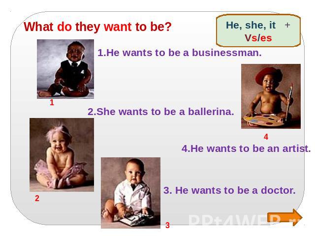 What do they want to be? 1.He wants to be a businessman. 2.She wants to be a ballerina. 3. He wants to be a doctor. 4.He wants to be an artist.