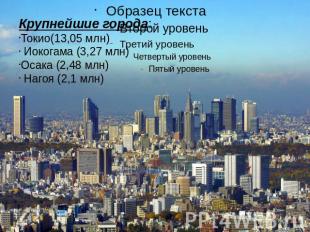 Крупнейшие города:  Токио(13,05 млн)  Иокогама (3,27 млн) Осака (2,48 млн)   Наг
