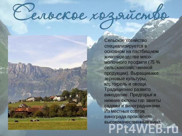 Сельское хозяйство Сельское хозяйство специализируется в основном на пастбищном животноводстве мясо-молочного профиля (75 % сельскохозяйственной продукции). Выращивают зерновые культуры, картофель и овощи. Традиционно развито виноделие. Предгорья и …