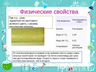 Физические свойства При н.у. хлор -ядовитый газ желтовато-зелёного цвета, с резк