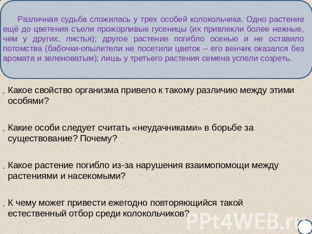 Различная судьба сложилась у трех особей колокольчика. Одно растение ещё до цветения съели прожорливые гусеницы (их привлекли более нежные, чем у других, листья); другое растение погибло осенью и не оставило потомства (бабочки-опылители не посетили …