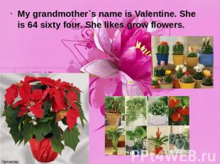 My grandmother`s name is Valentine. She is 64 sixty four. She likes grow flowers