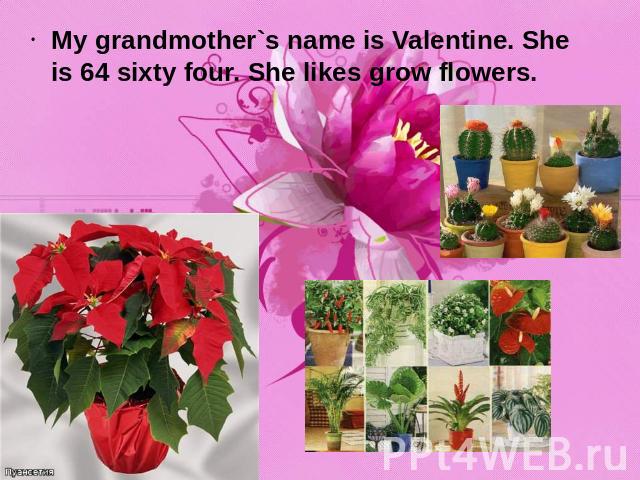 My grandmother`s name is Valentine. She is 64 sixty four. She likes grow flowers.