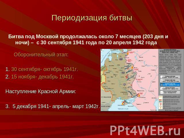 Периодизация битвы Битва под Москвой продолжалась около 7 месяцев (203 дня и ночи) – с 30 сентября 1941 года по 20 апреля 1942 года Оборонительный этап: 1. 30 сентября- октябрь 1941г. 2. 15 ноября- декабрь 1941г. Наступление Красной Армии: 3. 5 дека…