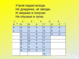 Утром падаю всегда- Не дождинка, не звезда- И сверкаю в лопухах На опушках и луг