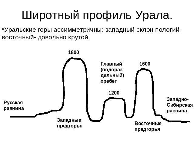 Широтный профиль Урала. Уральские горы ассимметричны: западный склон пологий, восточный- довольно крутой.