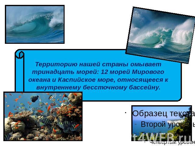Территорию нашей страны омывает тринадцать морей: 12 морей Мирового океана и Каспийское море, относящееся к внутреннему бессточному бассейну.