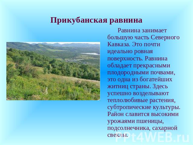 Прикубанская равнина Равнина занимает большую часть Северного Кавказа. Это почти идеально ровная поверхность. Равнина обладает прекрасными плодородными почвами, это одна из богатейших житниц страны. Здесь успешно возделывают теплолюбивые растения, с…