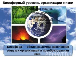 Биосферный уровень организации жизни Биосфера — оболочка Земли, заселённая живым