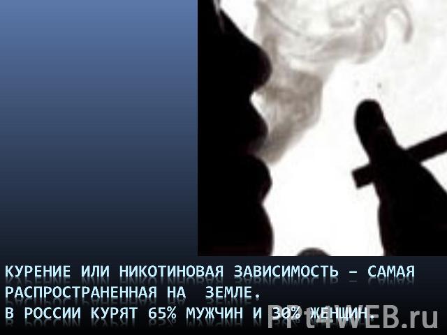 Курение или никотиновая зависимость – самая распространенная на Земле. В России курят 65% мужчин и 30% женщин.
