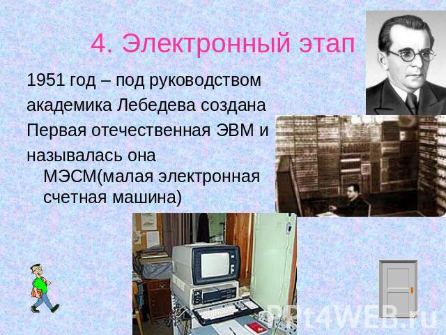 4. Электронный этап 1951 год – под руководством академика Лебедева создана Первая отечественная ЭВМ и называлась она МЭСМ(малая электронная счетная машина)