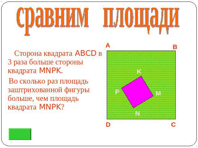 сравним площади Сторона квадрата ABCD в 3 раза больше стороны квадрата MNPK. Во сколько раз площадь заштрихованной фигуры больше, чем площадь квадрата MNPK?