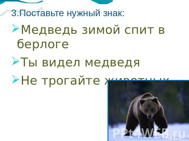 3.Поставьте нужный знак: Медведь зимой спит в берлоге Ты видел медведя Не трогайте животных