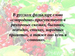 В русском фольклоре слово «смородина» присутствует в различных сказках, былинах,